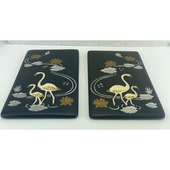 Vintage 60s chalkware, pair of flamingo plaques, black, gold, silver, GC Japan - Picture 7 of 10